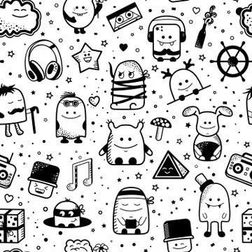 Seamless pattern, cartoonish monsters, characters Stock Illustration
