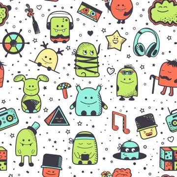 Seamless pattern, cartoonish monsters, characters Stock Illustration
