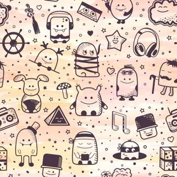 Seamless pattern, cartoonish monsters, characters Stock Illustration