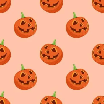 Seamless pattern with carved orange halloween pumpkins on light orange backgr Иллюстрация
