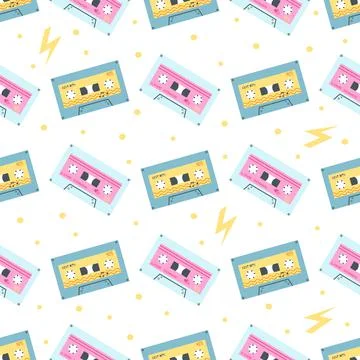 Seamless pattern with cassete tapes in 1990s style. Vector illustration of au Illustrazione stock