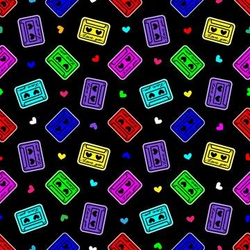 Seamless pattern with cassette and hearts. Design for Valentines Day Stock Illustration