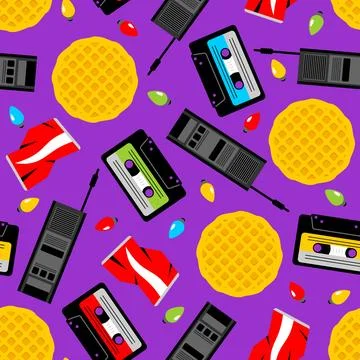Seamless pattern with cassette tapes, yellow waffles, walkie-talkies and re.. 스톡 일러스트