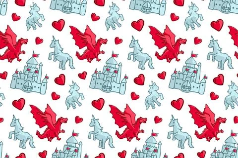 Seamless pattern with castle and fantasy creatures Stock Illustration