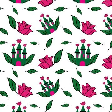 Seamless pattern with castle, rose and leaves. Illustrazione stock