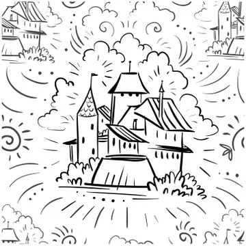 Seamless pattern castle from tale - doodle castle town Stock Illustration