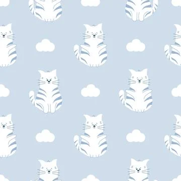 Seamless pattern with cat and clouds on lilac background. Child backdrop. Kid Stock Illustration
