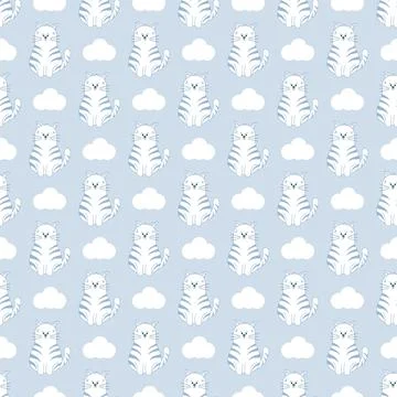 Seamless pattern with cat and clouds on lilac background. Child backdrop. Kid 스톡 일러스트