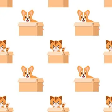 Seamless pattern of a cat and a dog in a box, adoption Stock Illustration