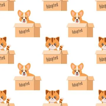 Seamless pattern of a cat and a dog in a box, adoption Stock Illustration
