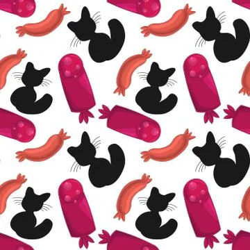 Seamless pattern with cat and tasty sausage Stock Illustration