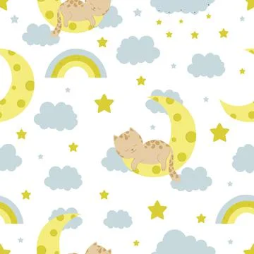Seamless pattern with cat, clouds, moon and stars. Creative kids texture for Stock Illustration