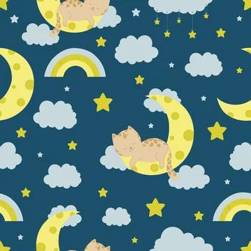 Seamless pattern with cat, clouds, moon and stars. Creative kids texture for Stock Illustration