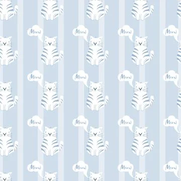 Seamless pattern with cat, clouds, word meow on lilac striped background. Chi 스톡 일러스트
