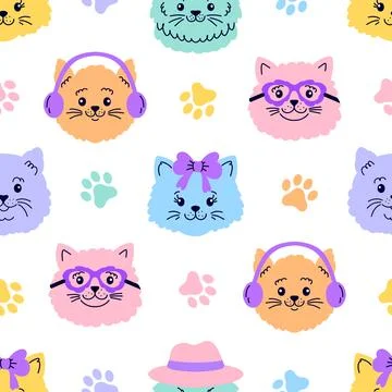 Seamless pattern with  cat faces  and paws  on white background. Stock Illustration