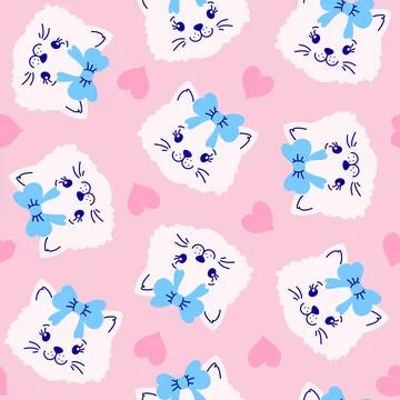 Seamless pattern with  cat faces  and hearts  on pink background. Stock Illustration