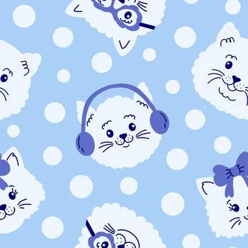 Seamless pattern with  cat faces and dots  on blue background. Stock Illustration