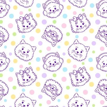 Seamless pattern with  cat faces and dots  on white background. Stock Illustration