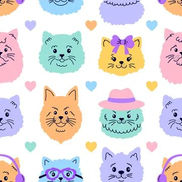 Seamless pattern with  cat faces and hearts  on white background. Illustrazione stock
