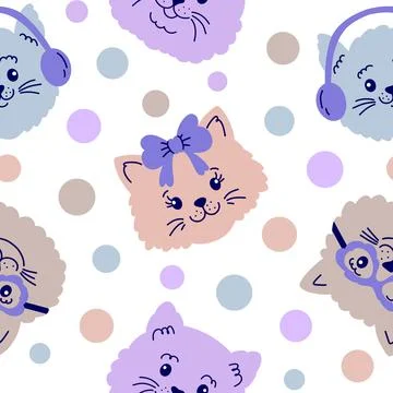 Seamless pattern with  cat faces and dots  on white background. Stock Illustration