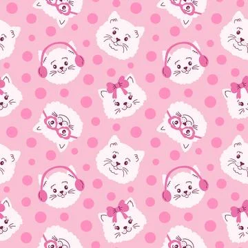 Seamless pattern with  cat faces and dots  on pink background. Stock Illustration