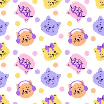 Seamless pattern with  cat faces and dots  on white background. Stock Illustration