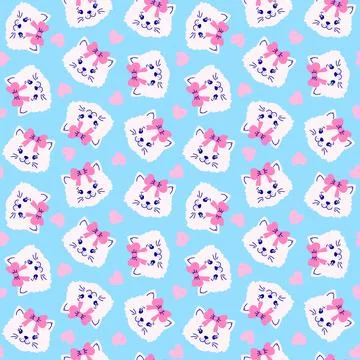 Seamless pattern with  cat faces  and hearts  on blue background. Illustrazione stock