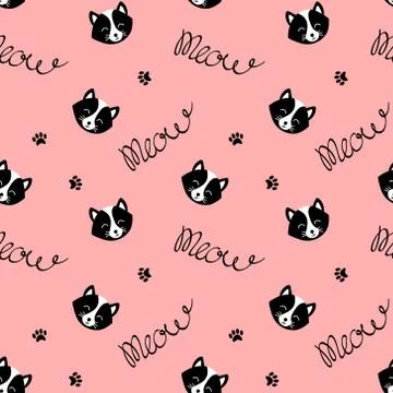 Seamless pattern with cat faces on pink background Stock Illustration
