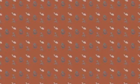 Seamless pattern with cat, fish, ball, and yarn on brown background Stock Illustration