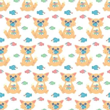 Seamless pattern cat full of fish and sleeping, vector illustration for fabri 스톡 일러스트