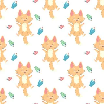 Seamless pattern cat full of fish and sleeping, vector illustration for fabri Stock Illustration
