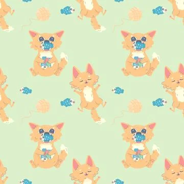Seamless pattern cat full of fish and sleeping, vector illustration for fabri Stock Illustration
