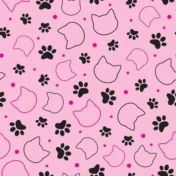 Seamless pattern with cat head and paw on pink background vector illustration Stock Illustration