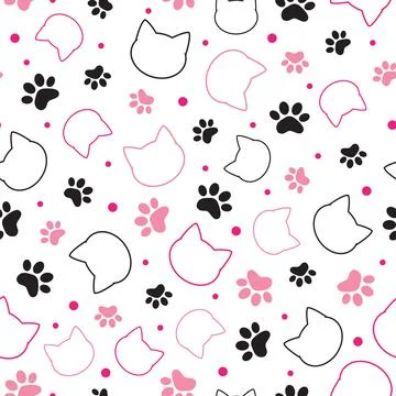 Seamless pattern with cat head and paw Stock Illustration