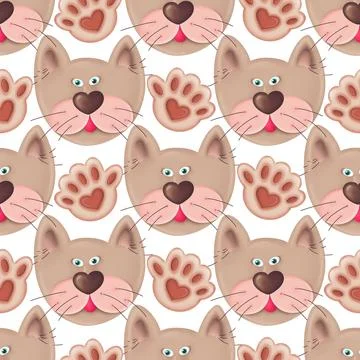 Seamless pattern with cat heads and paws Stock Illustration