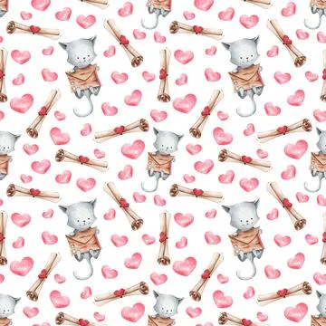 A seamless pattern with a cat holding a letter. Texture for Valentine's Day g Stock Illustration