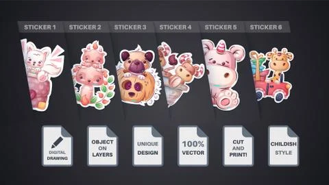 Seamless pattern - cat, kitty, diplomat, devil, unicorn, pug, sticker, bull Stock Illustration