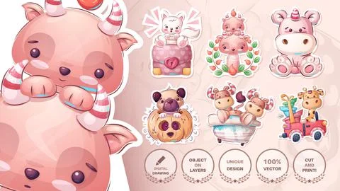 Seamless pattern - cat, kitty, diplomat, devil, unicorn, pug, sticker, bull Stock Illustration