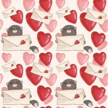 Seamless pattern. cat with a letter and hearts on the background. Pink wallpaper Stock Illustration