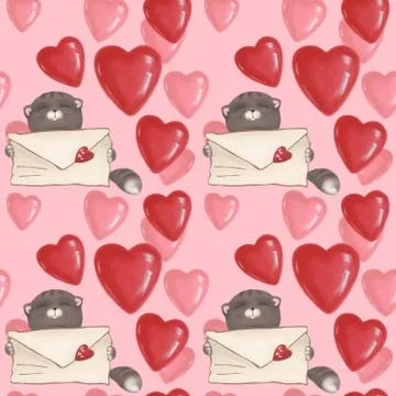 Seamless pattern. cat with a letter and hearts on the background. Pink wallpaper Stock Illustration