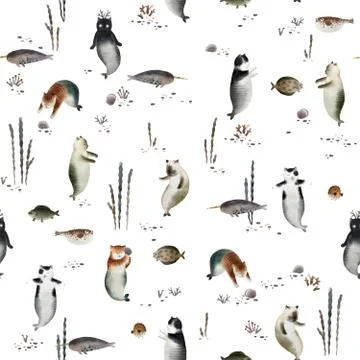 Seamless pattern with cat mermaid Stock Illustration