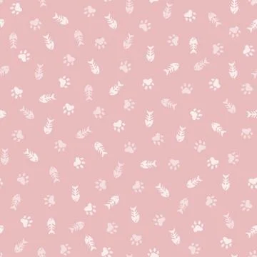 Seamless pattern with cat paw prints and fish bones Stock Illustration