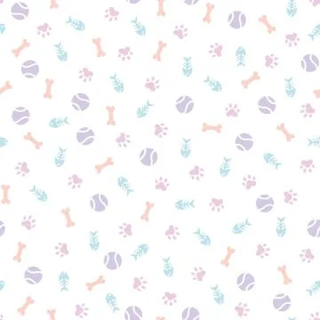 Seamless pattern with cat paws and toys Stock Illustration