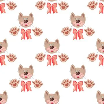 Seamless pattern of cat with paws and bows Stock Illustration