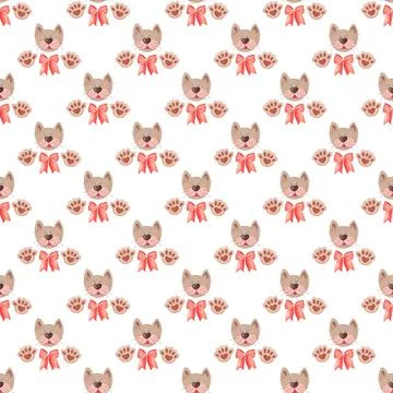 Seamless pattern of cat with paws and bows 库存插图