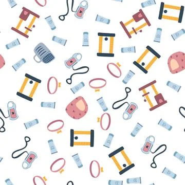 Seamless pattern with cat pet accessories in cartoon flat style. Colorful Stock Illustration