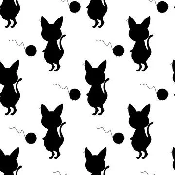 Seamless pattern cat silhouette, cartoon, vector illustration for fabric, pri Stock Illustration