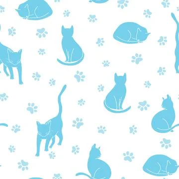 Seamless pattern with cat silhouettes and paws in light blue Stock Illustration