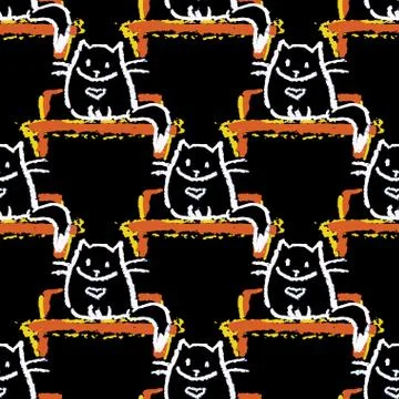 Seamless pattern of cat sitting on a bench on a black background Stock Illustration