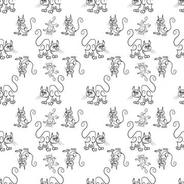 Seamless pattern of a cat sketch in different positions 2 Stock Illustration